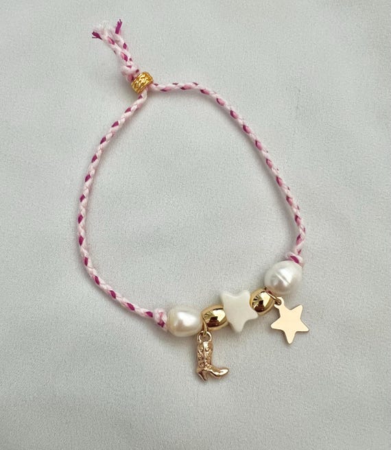 Cowgirl boot western star pearl pink string bracelet