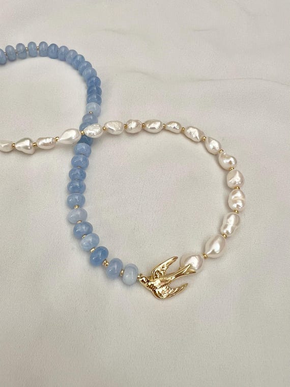 Aquamarine Freshwater pearl gold swallow pendant beaded necklace