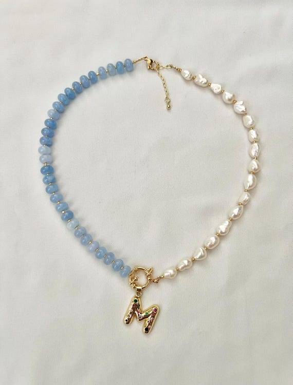 Custom gold Zircon letter Aquamarine crystal Freshwater pearl beaded necklace