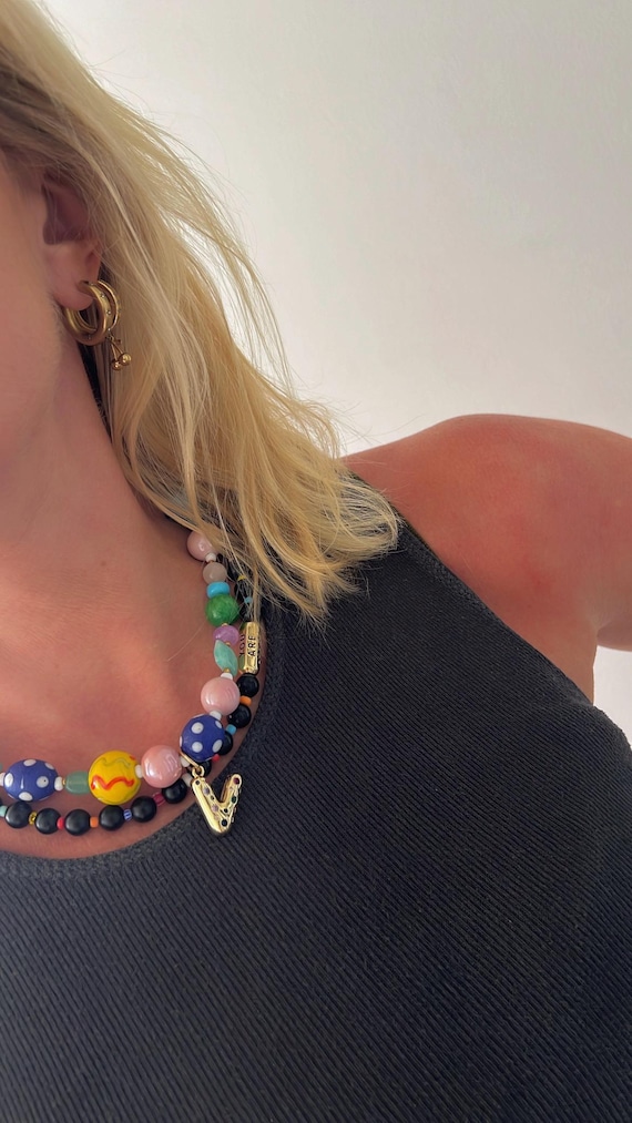 Custom bubble letter multicoloured large glass beaded gold necklace