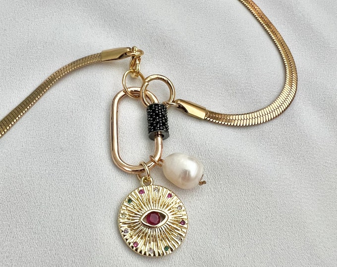 Eye pendant pearl gold snake chain necklace