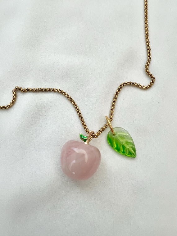 Rose Quartz crystal apple glass leaf pendant long gold chain necklace