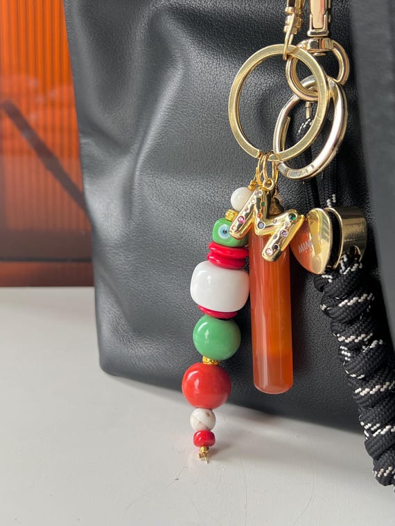 Red Agate crystal bottle custom gold letter vintage bead bag key charm