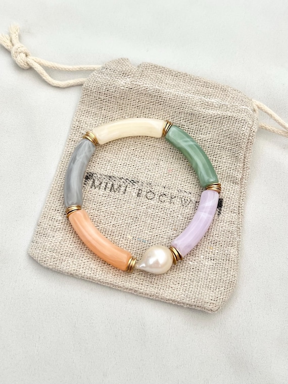 Baroque freshwater pearl Acrylic curved pastel tube bead bracelet