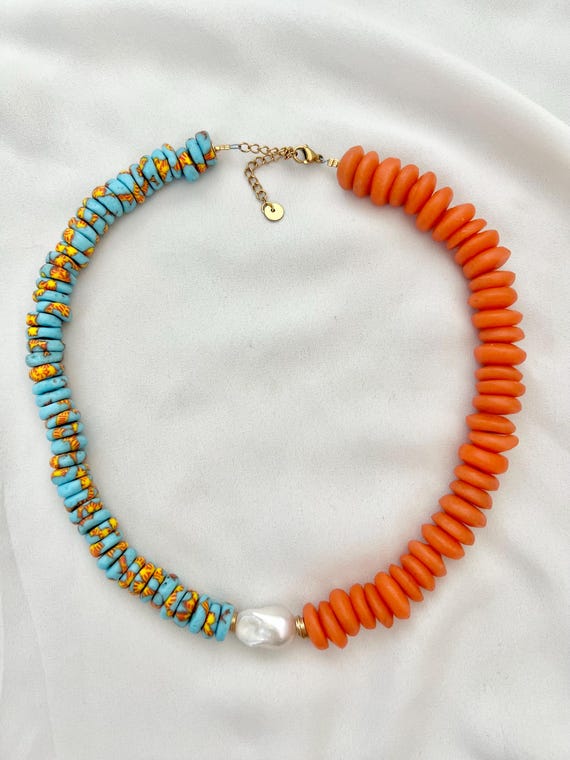 Baroque pearl recycled African glass Tangerine and blue Tiger bead gold necklace