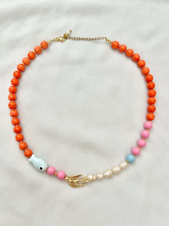 Gold swallow pearl orange pink light blue bead necklace