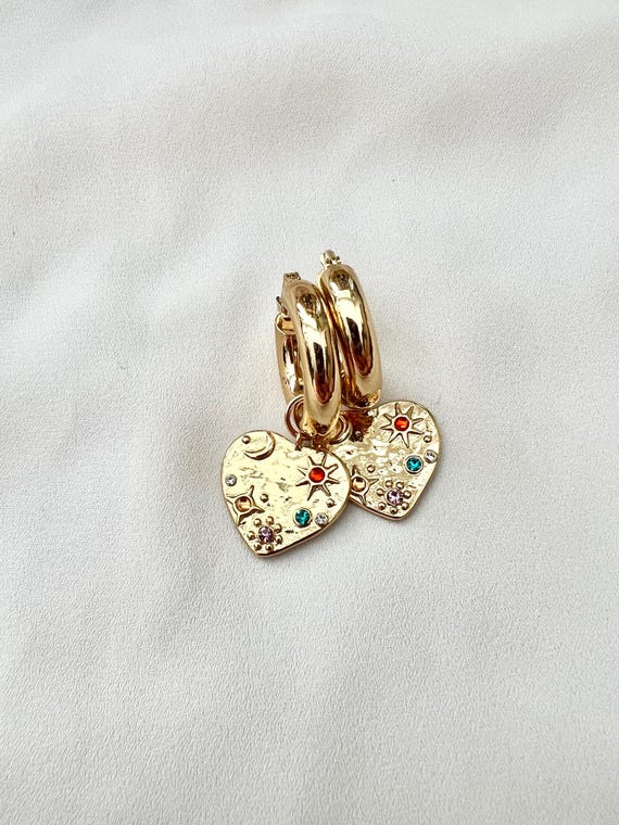 Celestial heart thick gold hoop earrings