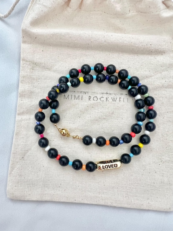 You are loved charm black Agate crystal beaded magnetic lock gold necklace
