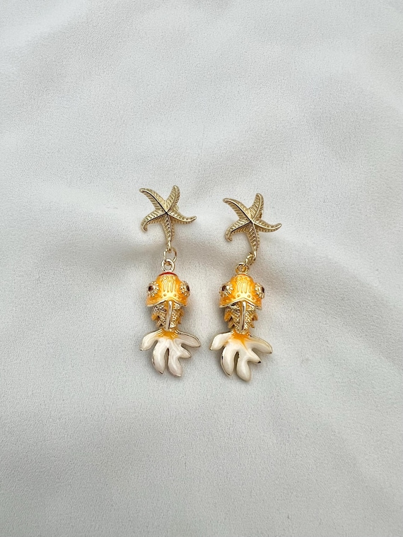 Orange Cloisonné Koi goldfish starfish stud dangle drop earrings