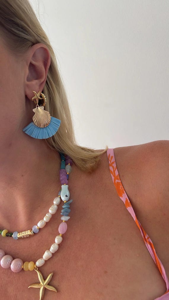 Sky blue raffia starfish shell gold statement earrings