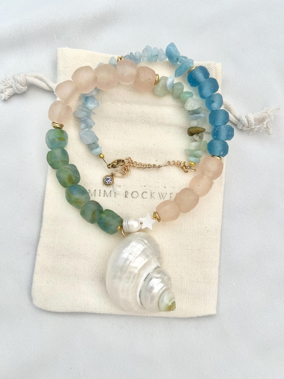 White Turbo shell recycled ocean green pink blue African glass bead Freshwater pearl gold necklace