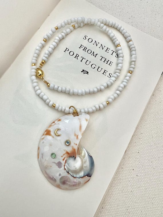 Unique embellished Nautilus shell white seed bead gold necklace