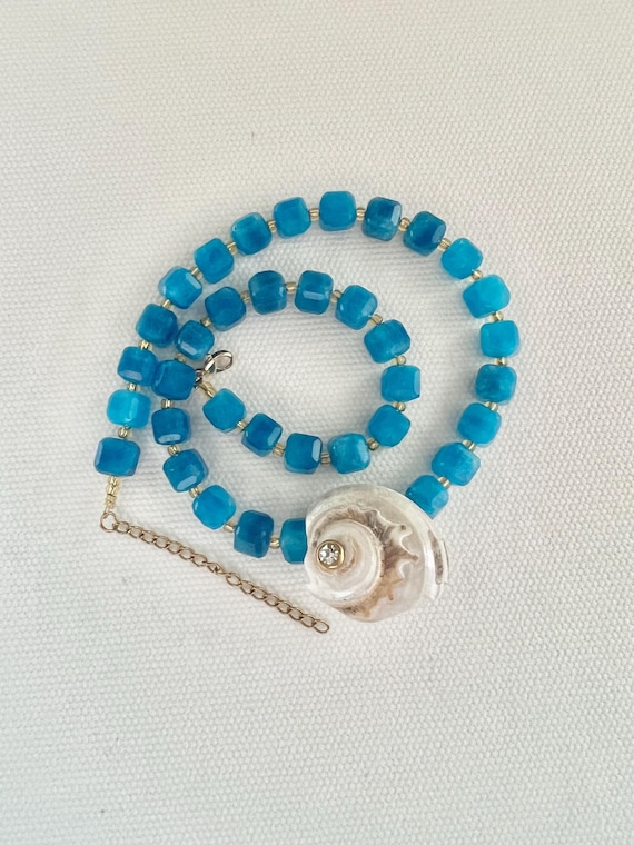 Blue Apatite gemstone bead shell necklace