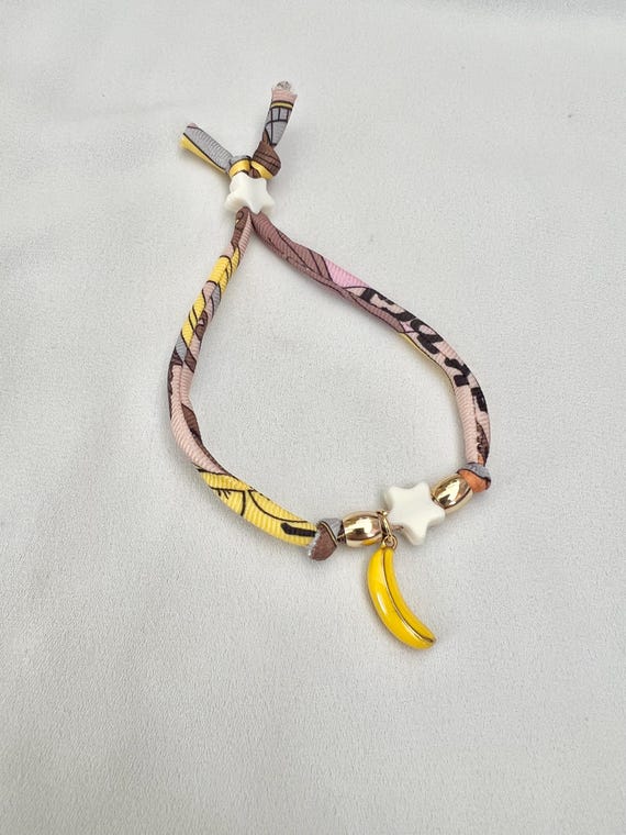 Brown yellow recycled scarf string banana charm bead bracelet