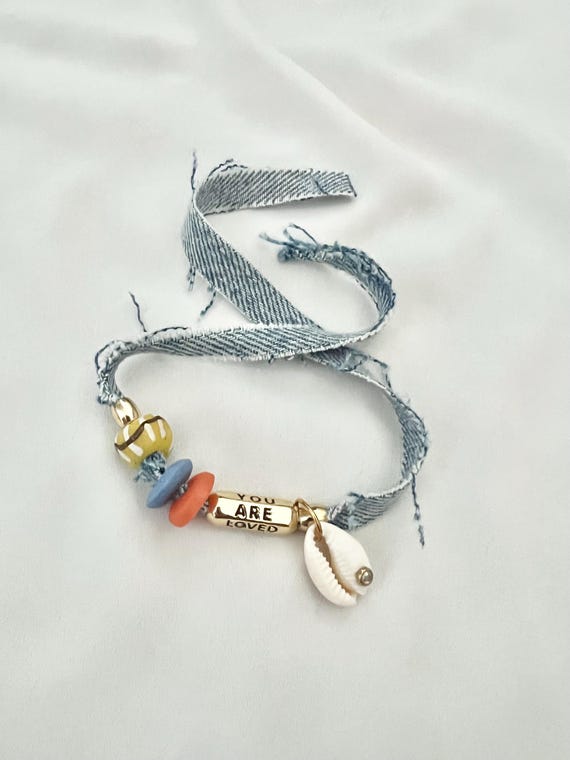 Denim shell glass bead you are loved charm tie anklet