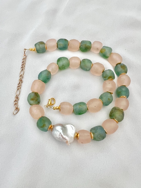 Recycled ocean green and pale pink African glass bead Freshwater pearl gold necklace