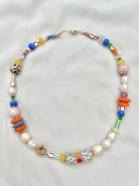 Multicoloured Baroque freshwater pearl and mixed African glass bead gold necklace