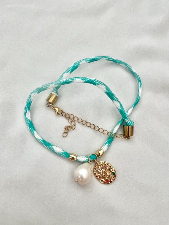Baroque pearl celestial coin charm teal white paracord gold necklace