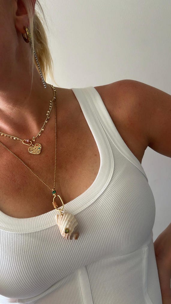 Shell and Cubic Zirconia carabiner lock long gold chain necklace