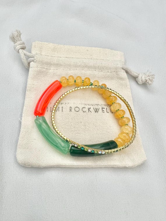 Yellow glass orange green acrylic bead and rhinestone tennis bracelet set