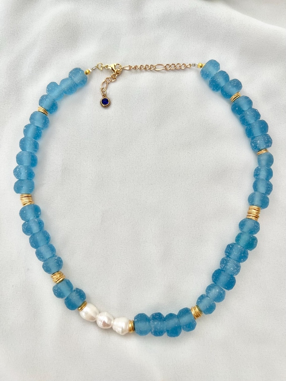 Recycled blue African glass bead Freshwater pearl gold necklace