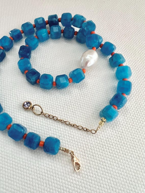 Blue Apatite gemstone bead baroque pearl necklace