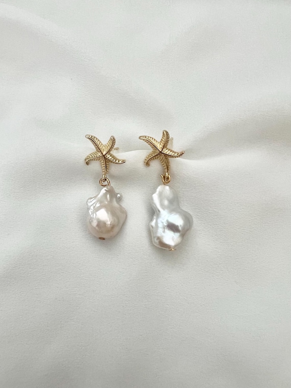 Baroque pearl starfish stud dangle drop earrings