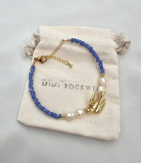 Swallow blue white seed bead Freshwater pearl gold bracelet