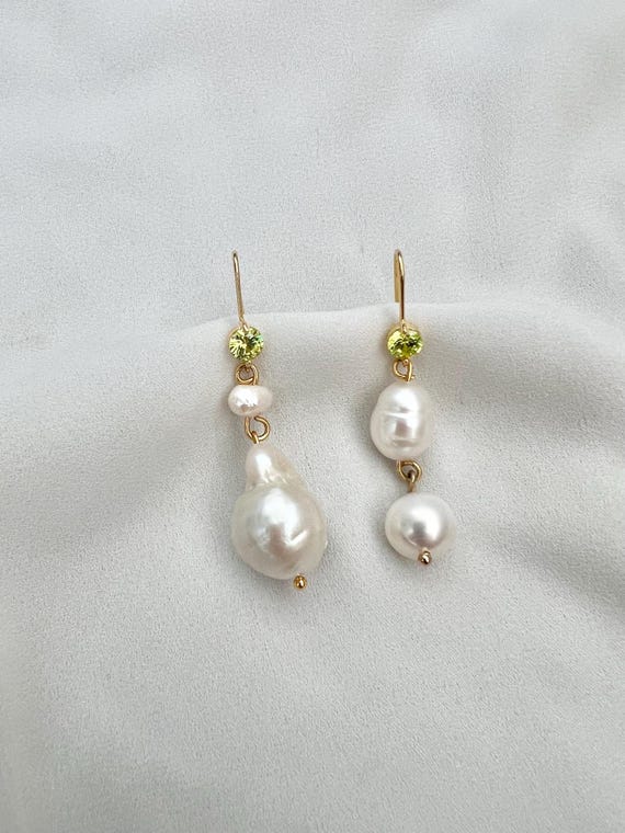Baroque and Freshwater pearl mismatched green Zircon gold earrings