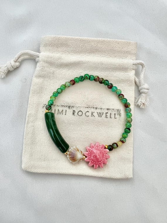 Pink ceramic sun shell green bead elastic bracelet