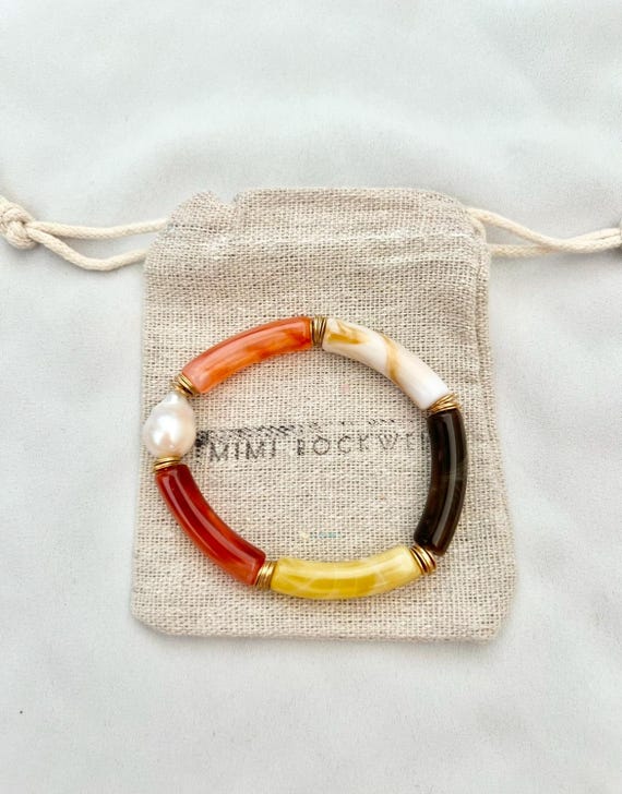 Baroque freshwater pearl Acrylic curved warm toned tube bead bracelet