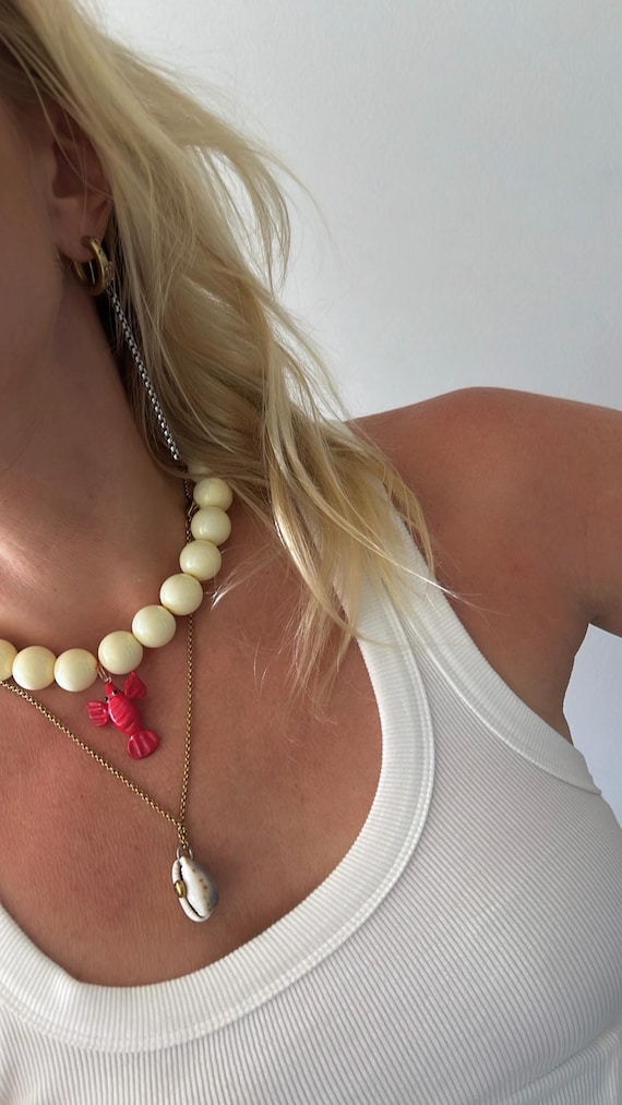 Lobster pendant light yellow large bead glass necklace
