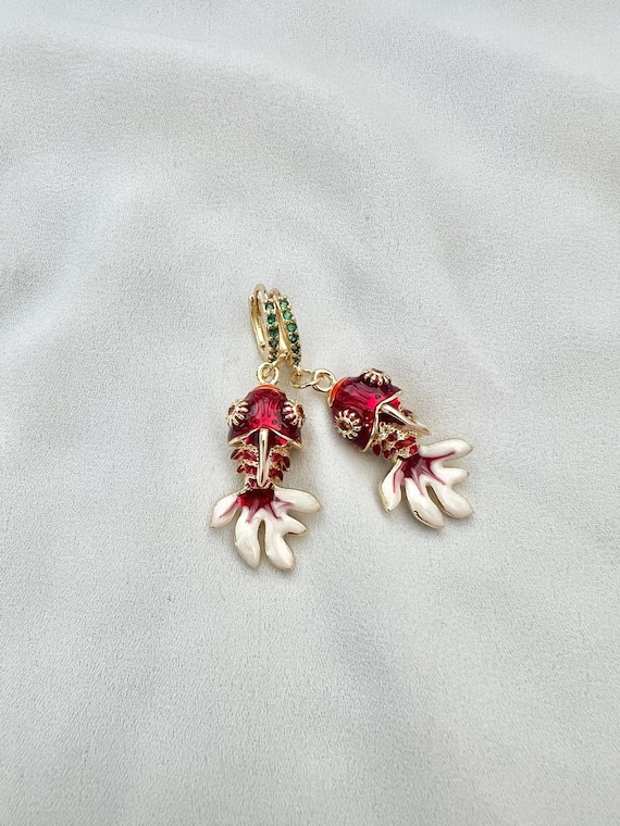 Dark red Cloisonné Koi goldfish green cubic zirconia stone gold mini hoops