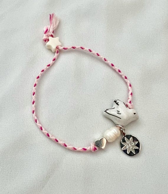 Silver star pendant pearl hand painted ceramic dove pink  string bracelet