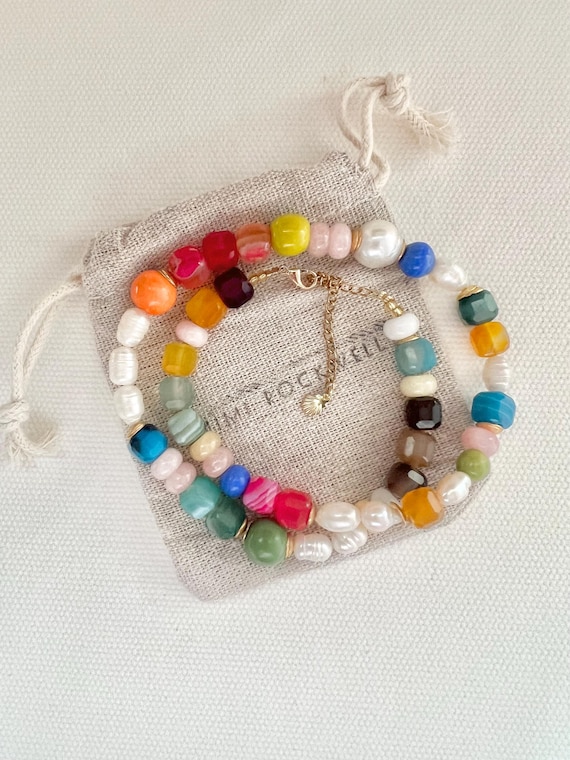 Multicoloured gemstone pearl bead gold necklace