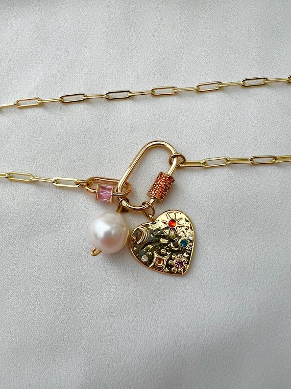 Baroque pearl celestial pendant Cubic Zirconia carabiner lock necklace