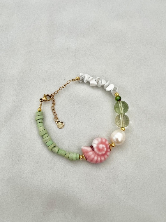 Sea foam green beaded pearl pink shell stone bracelet