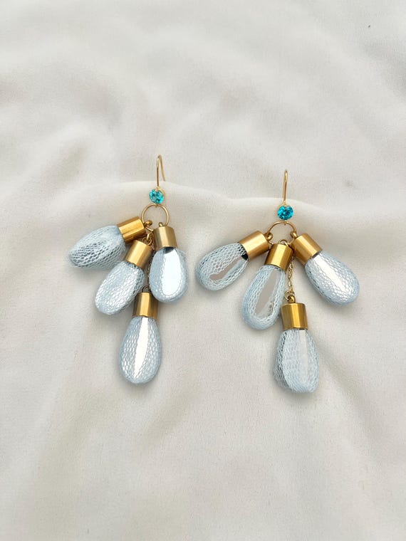 Mirror work tassel zircon dangle drop earrings- Ice blue