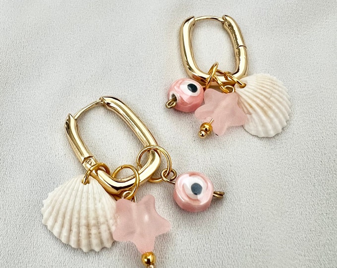 Shell pink evil eye star pendant gold hoop earrings