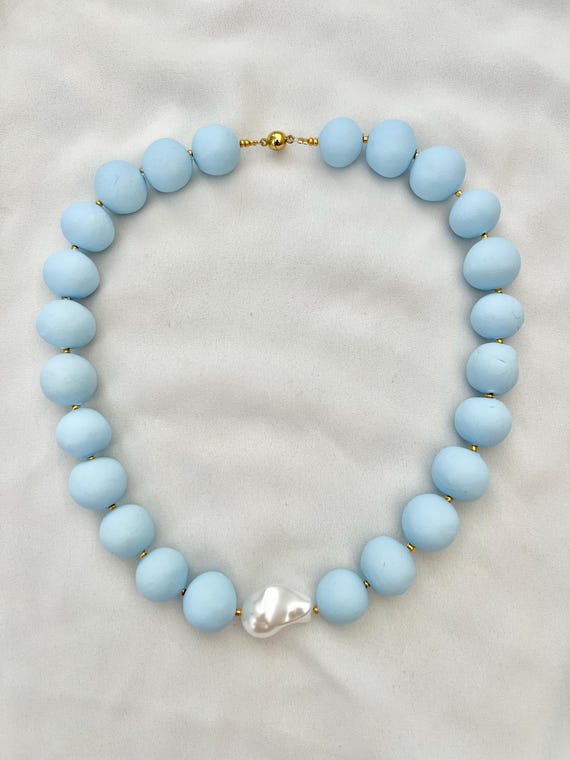 Handmade large light blue bead Baroque pearl necklace