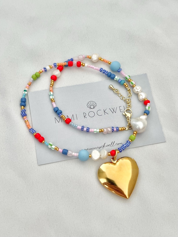 Gold heart locket multicoloured pearl glass beaded necklace