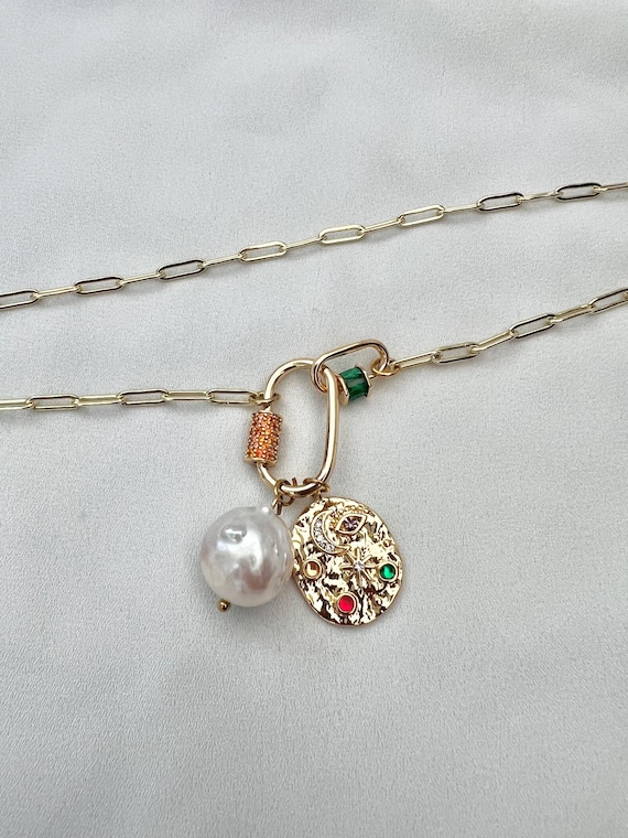 Baroque pearl celestial pendant Cubic Zirconia carabiner lock necklace