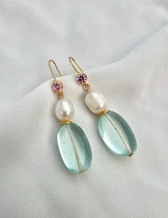 Aqua blue Obsidian pearl pink Zircon earrings