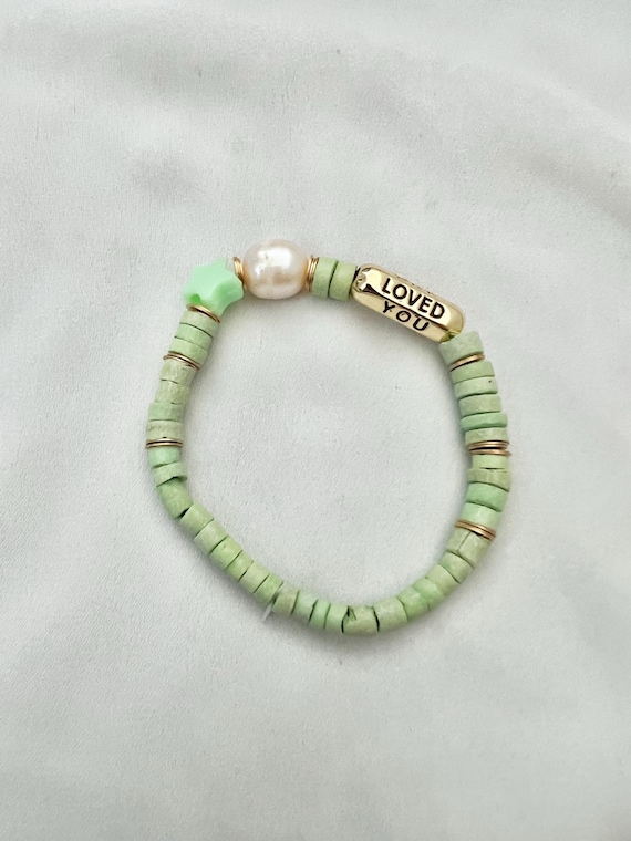 You are loved sea foam green beaded pearl bracelet