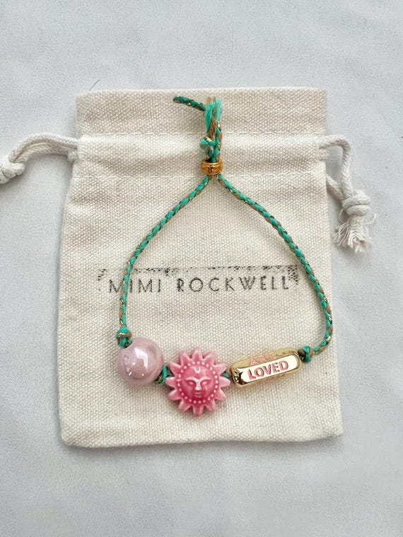 You are loved pink bead green string gold bracelet