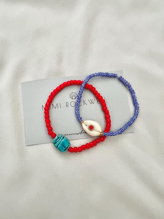 Scarab and shell red blue beaded bracelet set