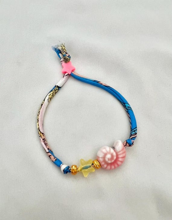 Pink shell blue pink gold recycled scarf bracelet