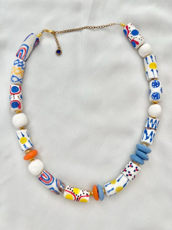 Recycled patterned tribal African glass bead Freshwater pearl gold necklace