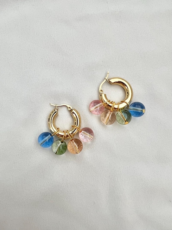 Glass bead chunky gold hoop earrings