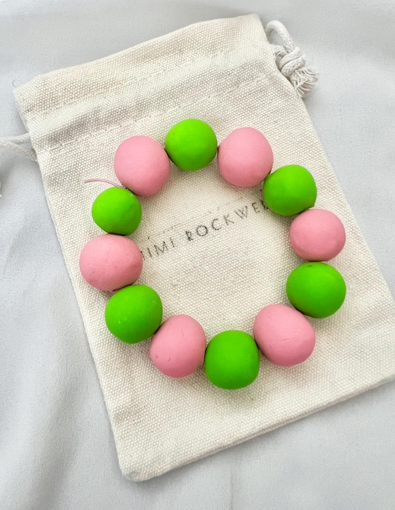 Pink green large handmade bead bracelet